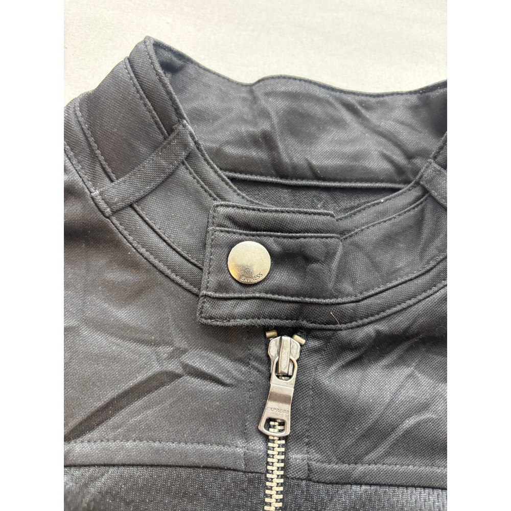 Express Mens Black Moto Cafe Racer Jacket Full Zip Snap Collar Size Large - Picture 2 of 5
